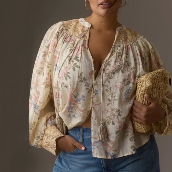 Anthropologie Tops - Anthropologie Cream Floral Smocked Long Sleeve Lurex Blouse Medium Peasant Boho